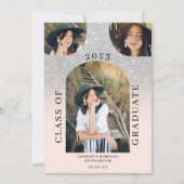 Moderne boho arch zilverroze 4 foto-afstuderen kaart (Voorkant)