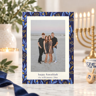 Moderne Boho Blauwe Gele Hanukkah Botanische Foto Feestdagenkaart