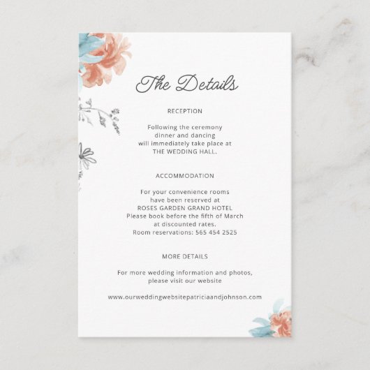 Moderne boho bloemen elegante bruiloft details informatiekaartje (Voorkant)