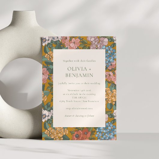 Moderne Boho Bloemen Mosterd Geel Aarde Bruiloft Kaart