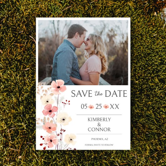 Moderne Boho Bloemenfoto Save the Date | Wit