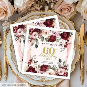 Moderne Boho Burgundy Bloemen 60 Verjaardag Servet