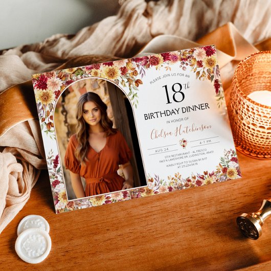 Moderne Boho Floral 18e Verjaardag Diner Foto Kaart