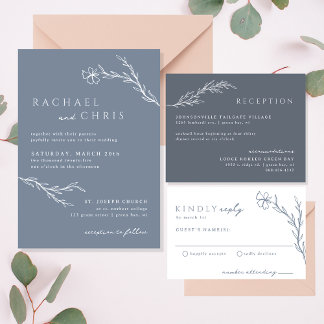 Moderne Boho Floral Outline in Dusty Blue Wedding Kaart