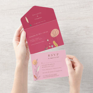 Moderne Boho Fuchsia Roze Lijn Kunst Bruiloft All In One Uitnodiging