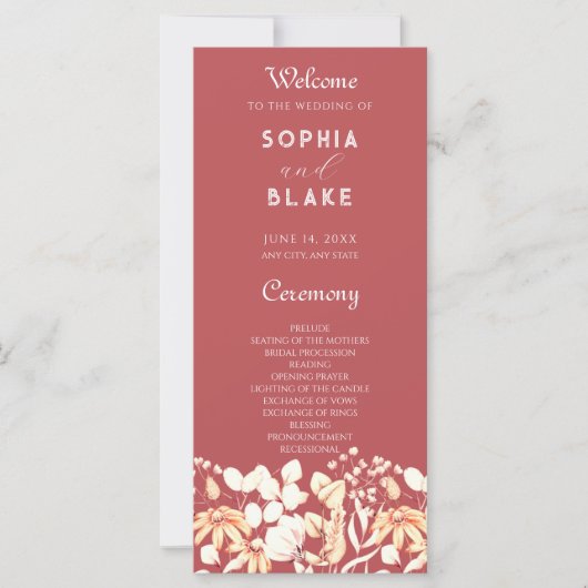 Moderne Boho Garden Programme de mariage rouge (Devant)