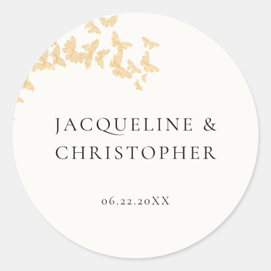 Moderne Boho gouden vlinders romantische bruiloft Ronde Sticker (Voorkant)