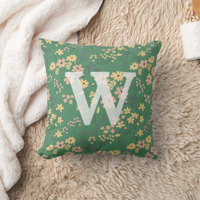 Moderne Boho Groene Bloem Initialen Kussen (Deken)