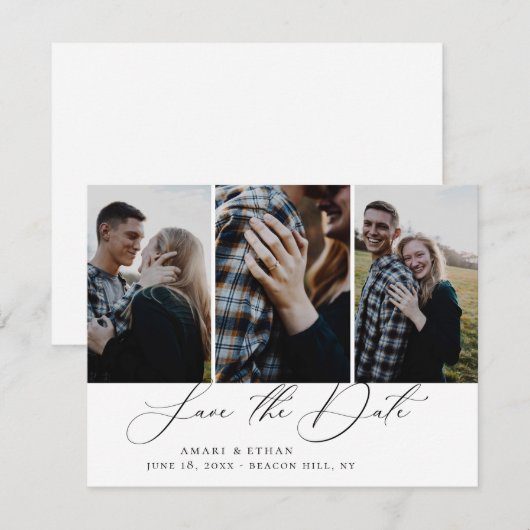 Moderne Boho kalligrafie Multi-Photo Save the Date Aankondiging (Voorkant / Achterkant)