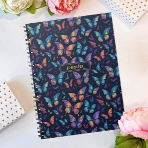 Moderne Boho Kleurrijke Vlinder Patroon Geel Naam Notitieboek