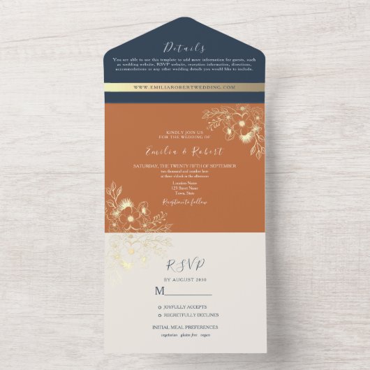 Moderne Boho Navy en Terracotta bruiloft All In One Uitnodiging (Binnen)