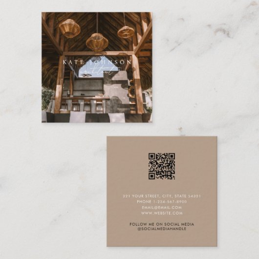 Moderne Boho Photo Business Card Template Vierkante Visitekaartje (Voorkant / Achterkant)