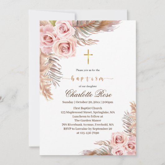 Moderne Boho Pink Floral Baptism uitnodiging (Voorkant)