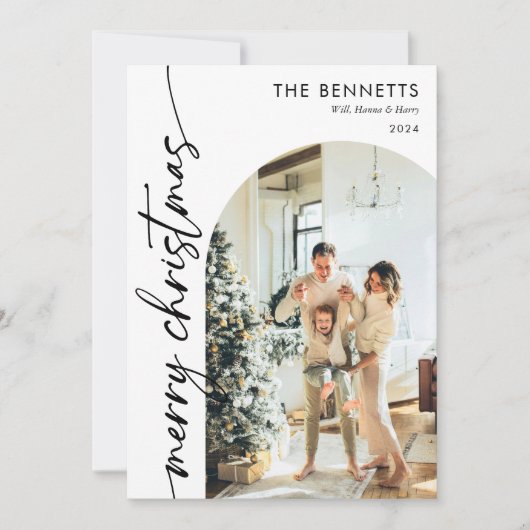 Moderne Boho Prettig Kerstmis Boog Foto Feestdagenkaart (Voorkant)