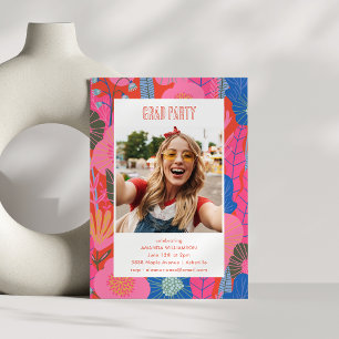 Moderne Boho Red Floral Graduation Party Foto Kaart