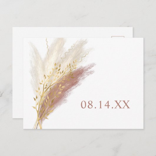 Moderne Boho Roze Gouden Pampas Gras Save the Date Aankondigingskaart (Voorkant / Achterkant)