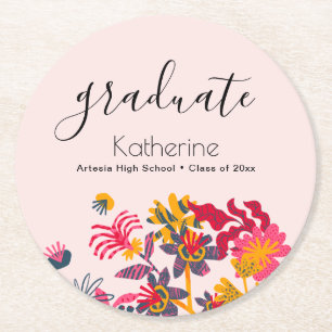 Moderne Boho Roze Wilde Bloemen Afstudeerfeest Ronde Kartonnen Onderzetter