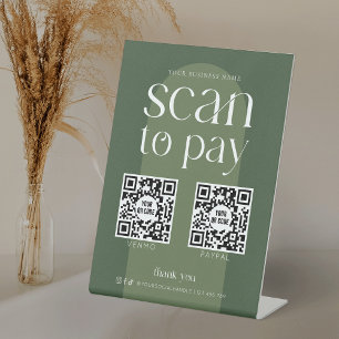 Moderne Boho Sage Green-scan om 2 QR-codes te beta Reclamebord Met Voetstuk