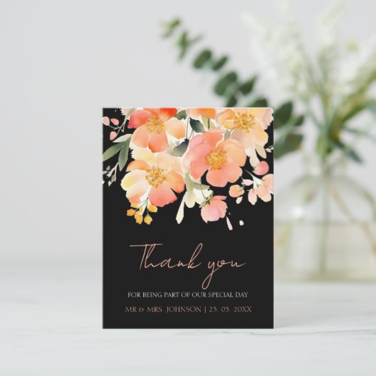 Moderne Boho Sinaasappel Perzik en Zwart Bloemen B Bedankkaart (Staand voorkant)