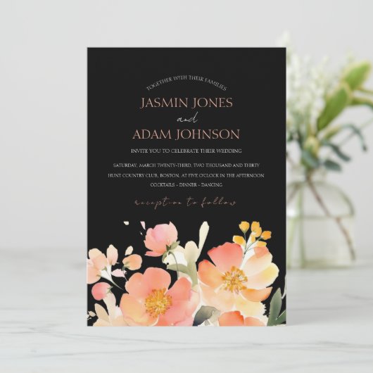 Moderne Boho Sinaasappel Perzik en Zwart Bloemen B Kaart (Staand voorkant)