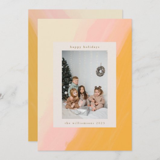 Moderne Boho Waterverf Roze Geel Foto Feestdagenkaart (Voorkant / Achterkant)