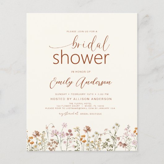 Moderne Boho Wilde Bloem Bruiloft Feest Uitnodigin (Voorkant)