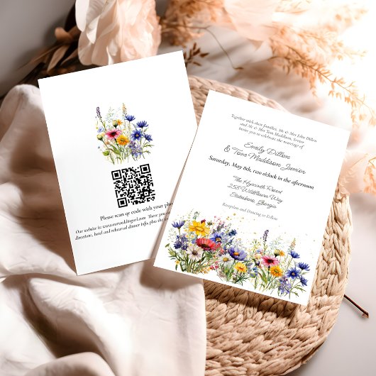 Moderne Boho Wilde Bloem QR Code Trouwen Kaart