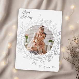 Moderne Boho Wildflower krans foto zilver Folie Feestdagenkaart