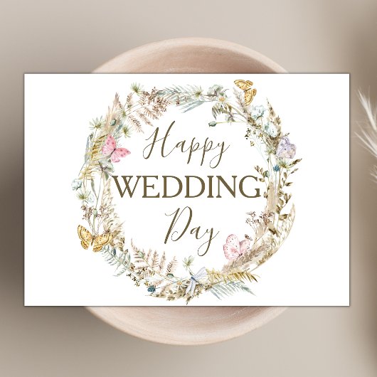 Moderne Boho Wildflower krans Happy Wedding Day Kaart
