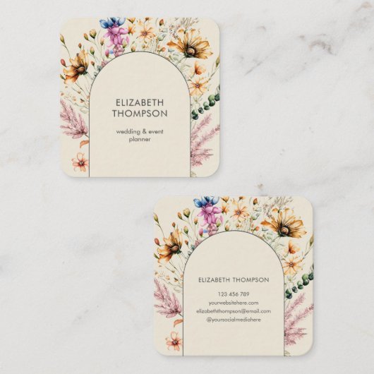 Moderne Boho Wildflower Waterverf Bloemen Vierkante Visitekaartje (Voorkant / Achterkant)