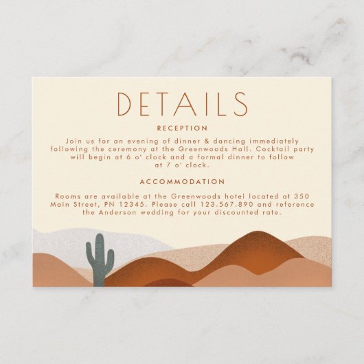 Moderne Boho woestijn Terracotta bruiloft detail Informatiekaartje (Voorkant)