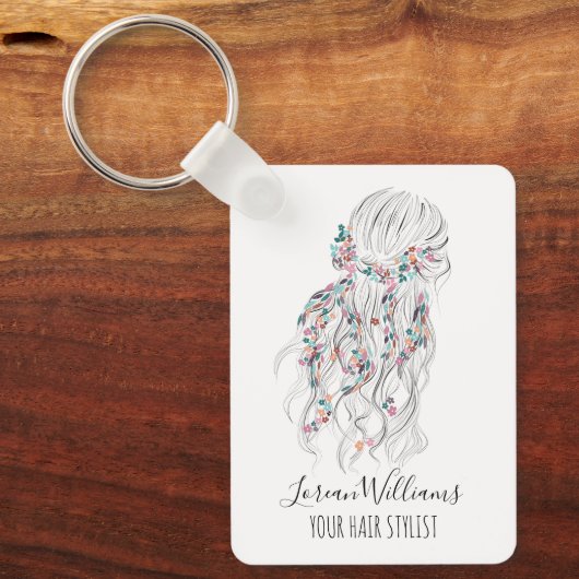 Moderne Boho Zwarte Witte Golvende Haarstijl Bloem Sleutelhanger (Voorkant)