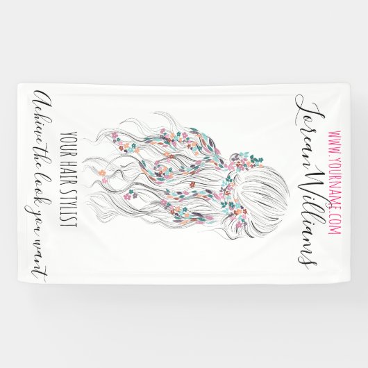 Moderne Boho Zwarte Witte Golvende Haarstijl Bloem Spandoek (Horizontaal)