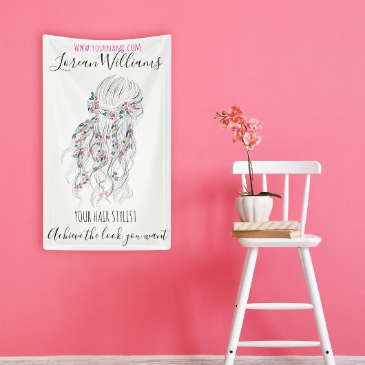 Moderne Boho Zwarte Witte Golvende Haarstijl Bloem Spandoek