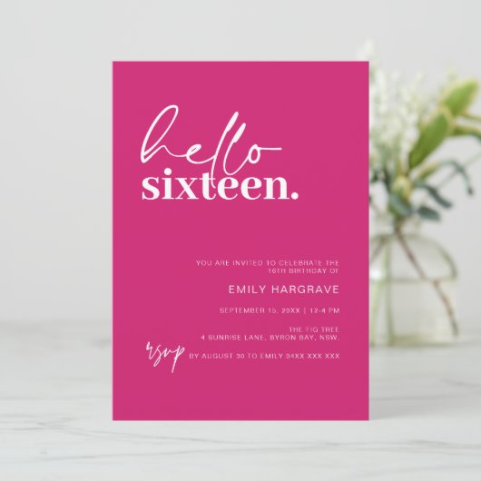 Moderne Bonjour Seize Anniversaire Fête Invitation (Debout devant)