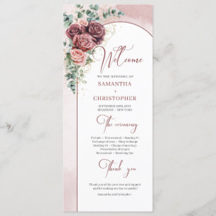 Moderne boog blush bordeaux bloemenbruiloft progra programma