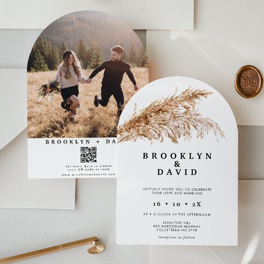Moderne Boog Boho Pampas Grass Wedding Kaart