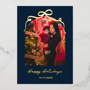 Moderne Boog Boog Chic Blauwe Kerst Foto Goud Folie Feestdagenkaart