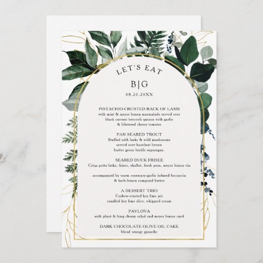 Moderne boog Botanisch groen bruiloft Menu (Voorkant / Achterkant)