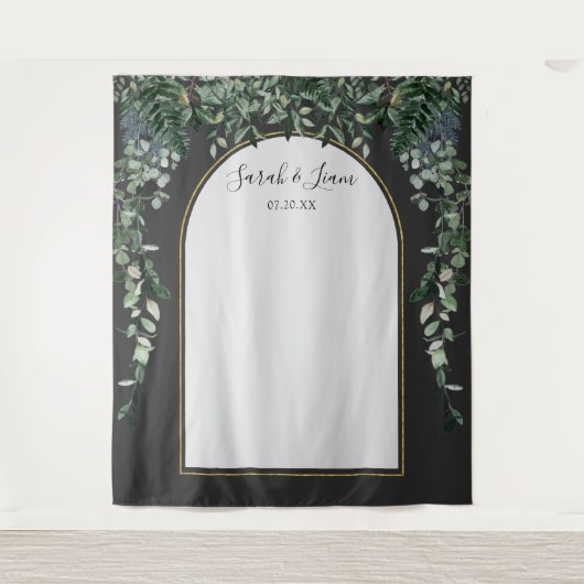 Moderne boog botanische trouwfoto-achtergrond wandkleed (Voorkant)