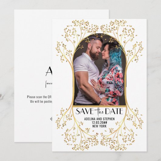 Moderne boog eenvoudig script QR CODE bruiloft Save The Date (Voorkant / Achterkant)