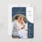 Moderne boog foto Elegante kalligrafie marineblauw Save The Date (Voorkant)