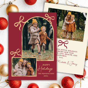 Moderne Boog Happy Holidays Boog 3 Foto Rood Feestdagenkaart
