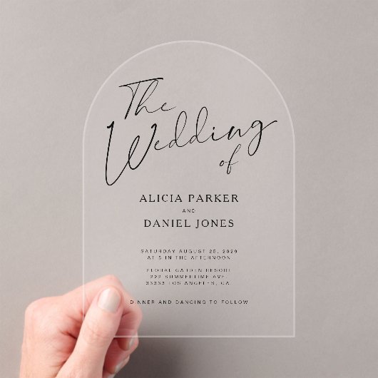 Moderne boog zwarte kalligrafie script bruiloft acryl uitnodigingen (Insitu (Draagbaar))