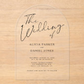 Moderne boog zwarte kalligrafie script bruiloft acryl uitnodigingen (Voorkant)