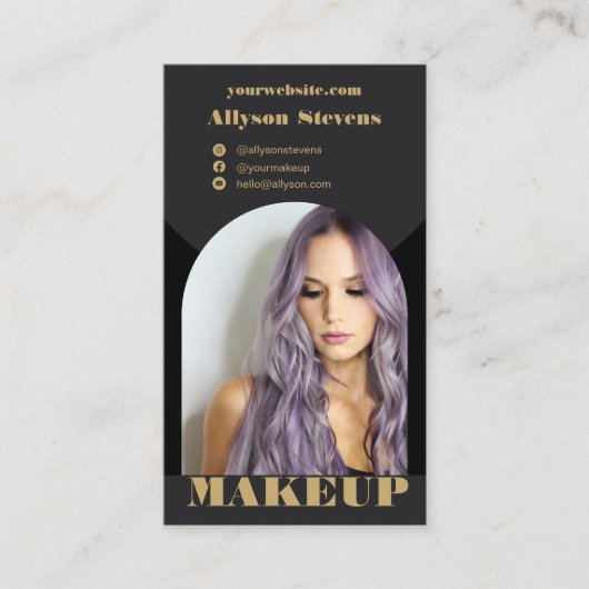 Moderne boogmake-up zwart goud foto qr code logo visitekaartje (Voorkant)