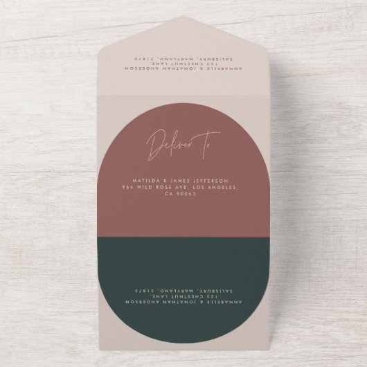 Moderne boogroestgroene script bruiloft all in one uitnodiging (Buitenkant)