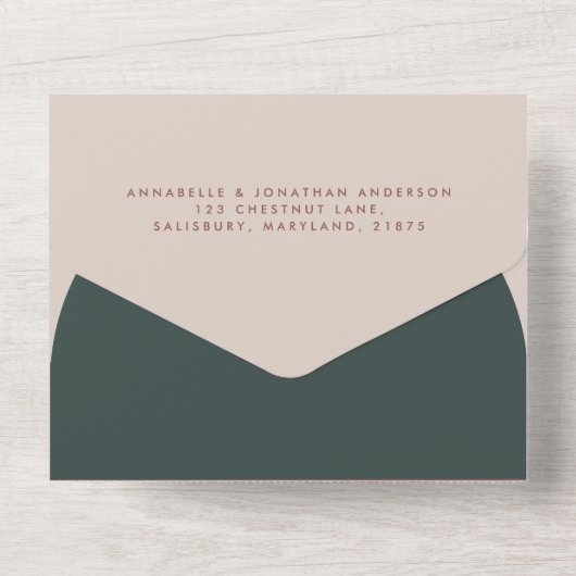 Moderne boogroestgroene script bruiloft all in one uitnodiging (Achterkant)