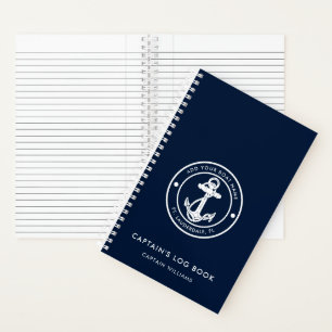 Moderne Bootsanker en naam Navy Blue Kapiteinslogb Notitieboek