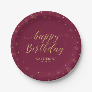 Moderne bordeaux & Gouden Glitter Verjaardag Papieren Bordje